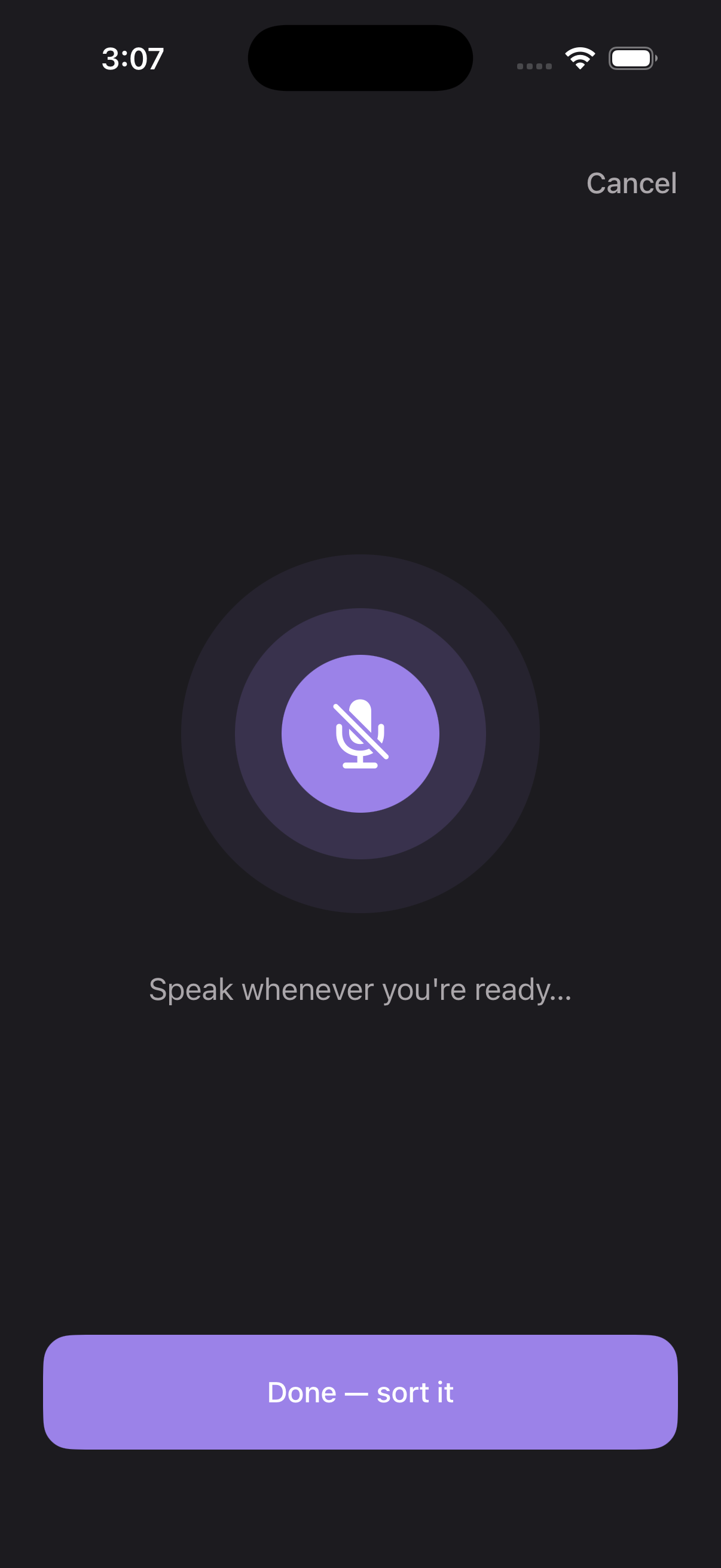Brain Dump ready state — calm purple mic circle with 'Speak whenever you're ready' prompt