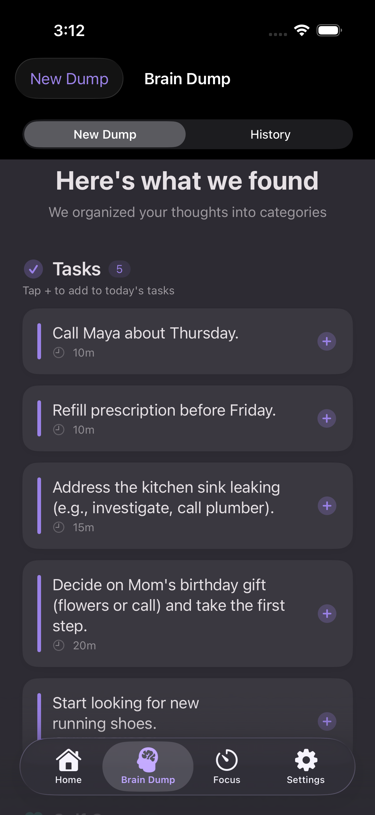Brain Dump sorted result — five tasks extracted with time estimates