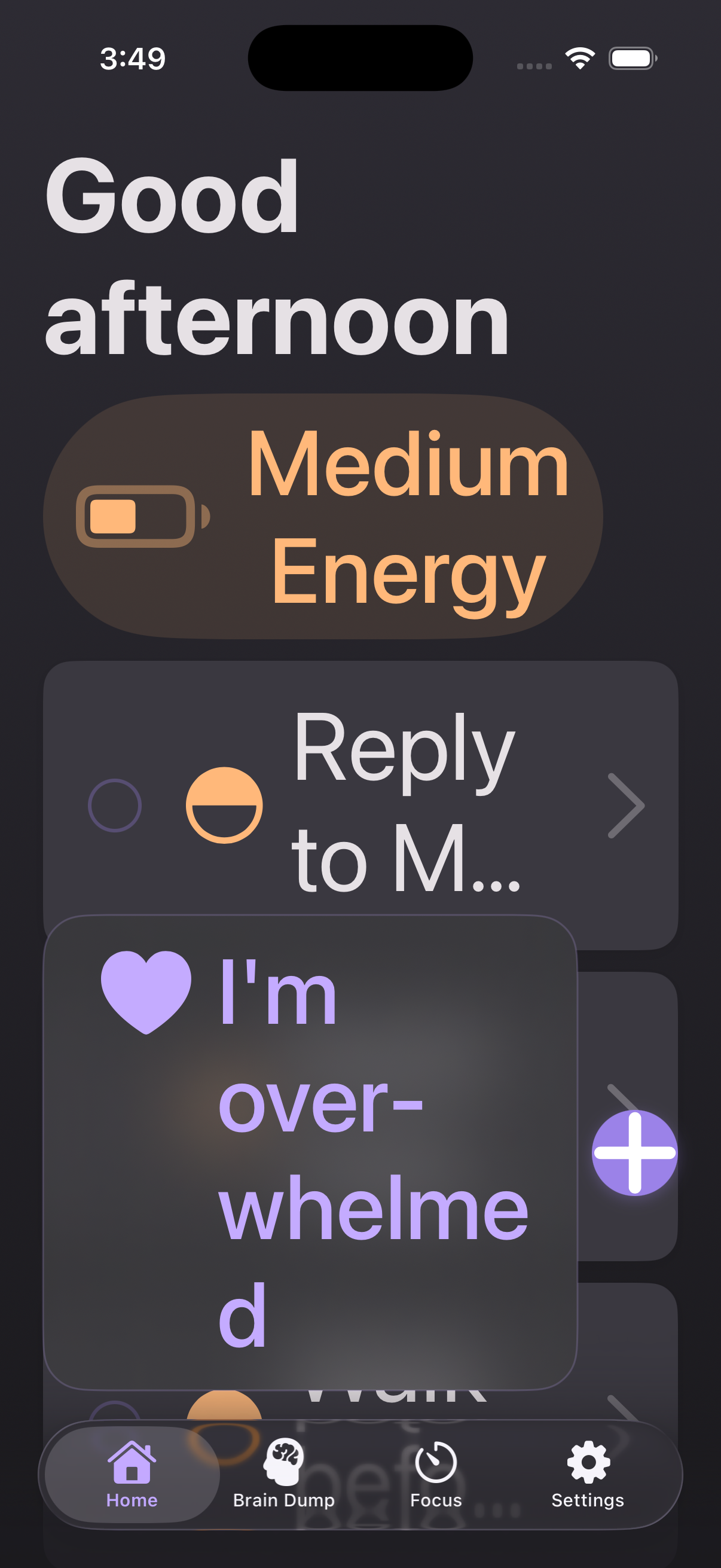 ADDMind Home at largest Dynamic Type (AX5) — same task list, reflowed legibly without cropping