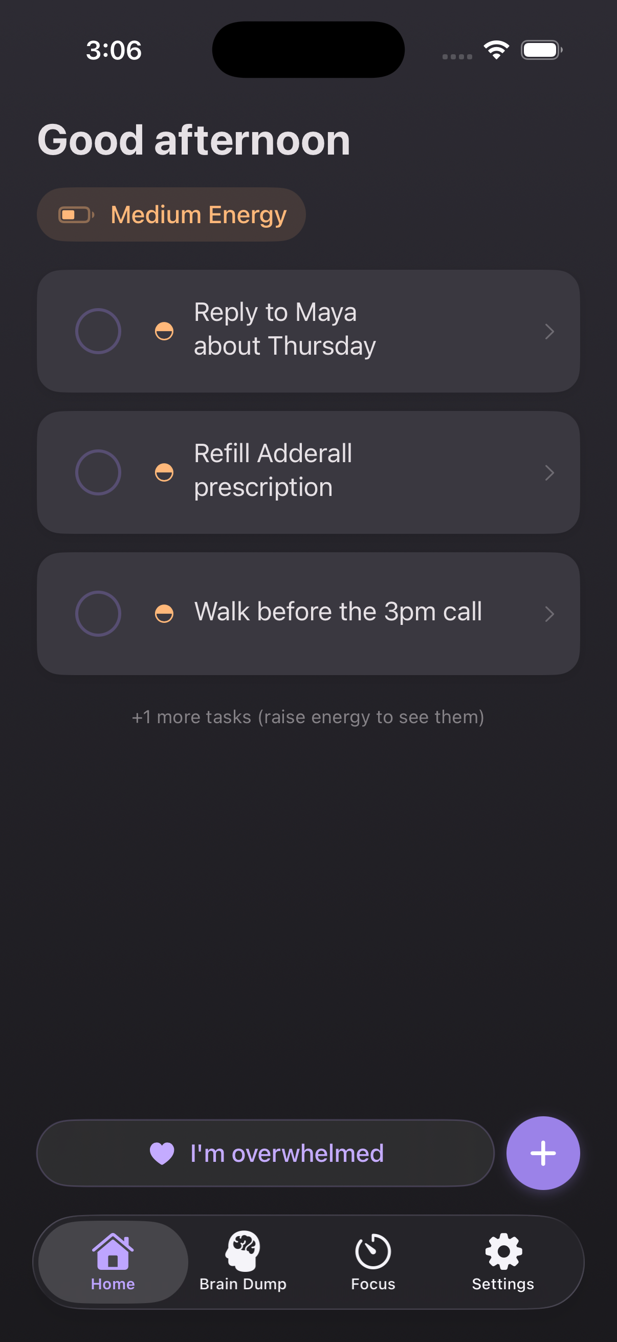 ADDMind home screen — calm task list with medium energy battery and three plausible ADHD tasks