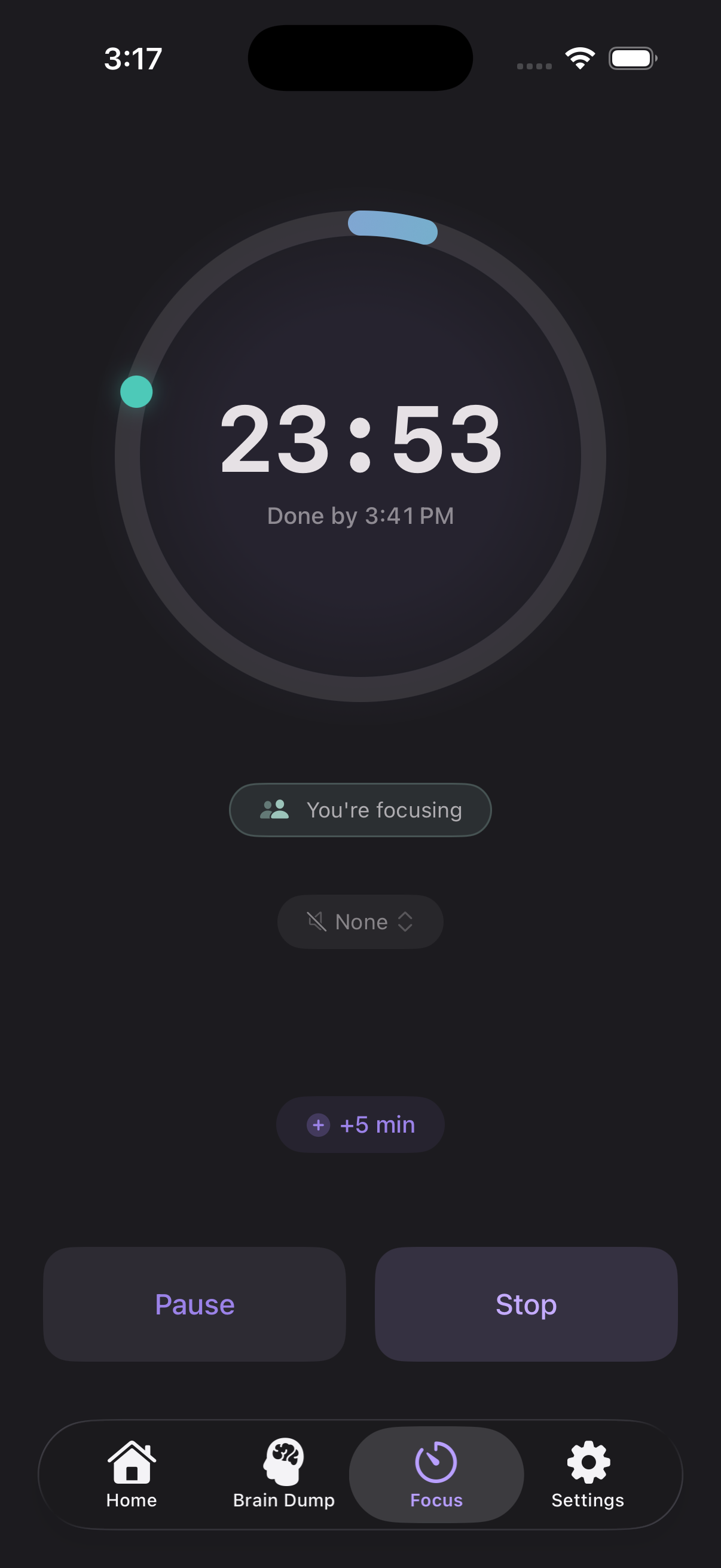 Hyperfocus mid-session — 23:53 remaining on a calm ring timer with 'Done by 3:41 PM' anchor, Pause and Stop actions, and a +5 minute extend button